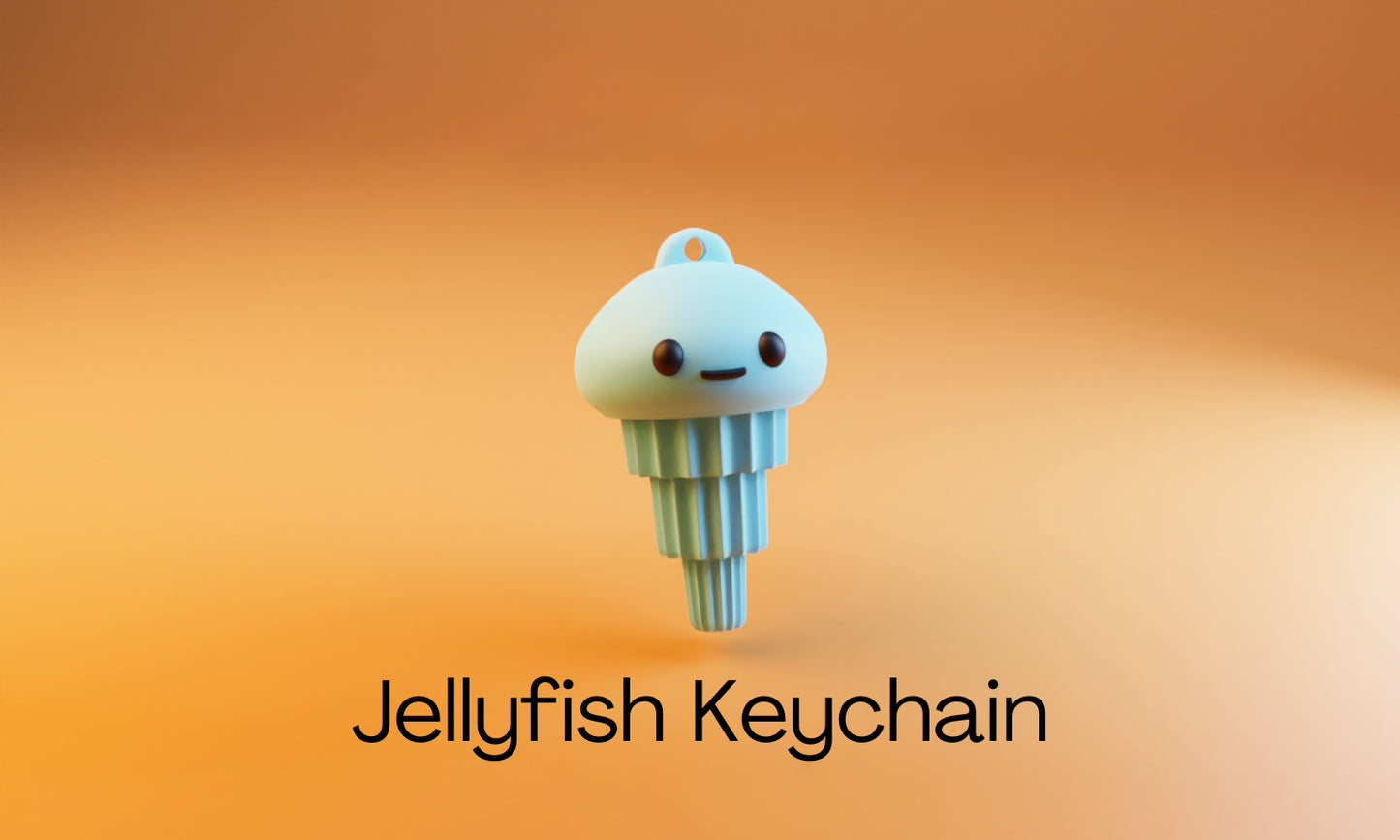 a jellyfish keychain on an orange background