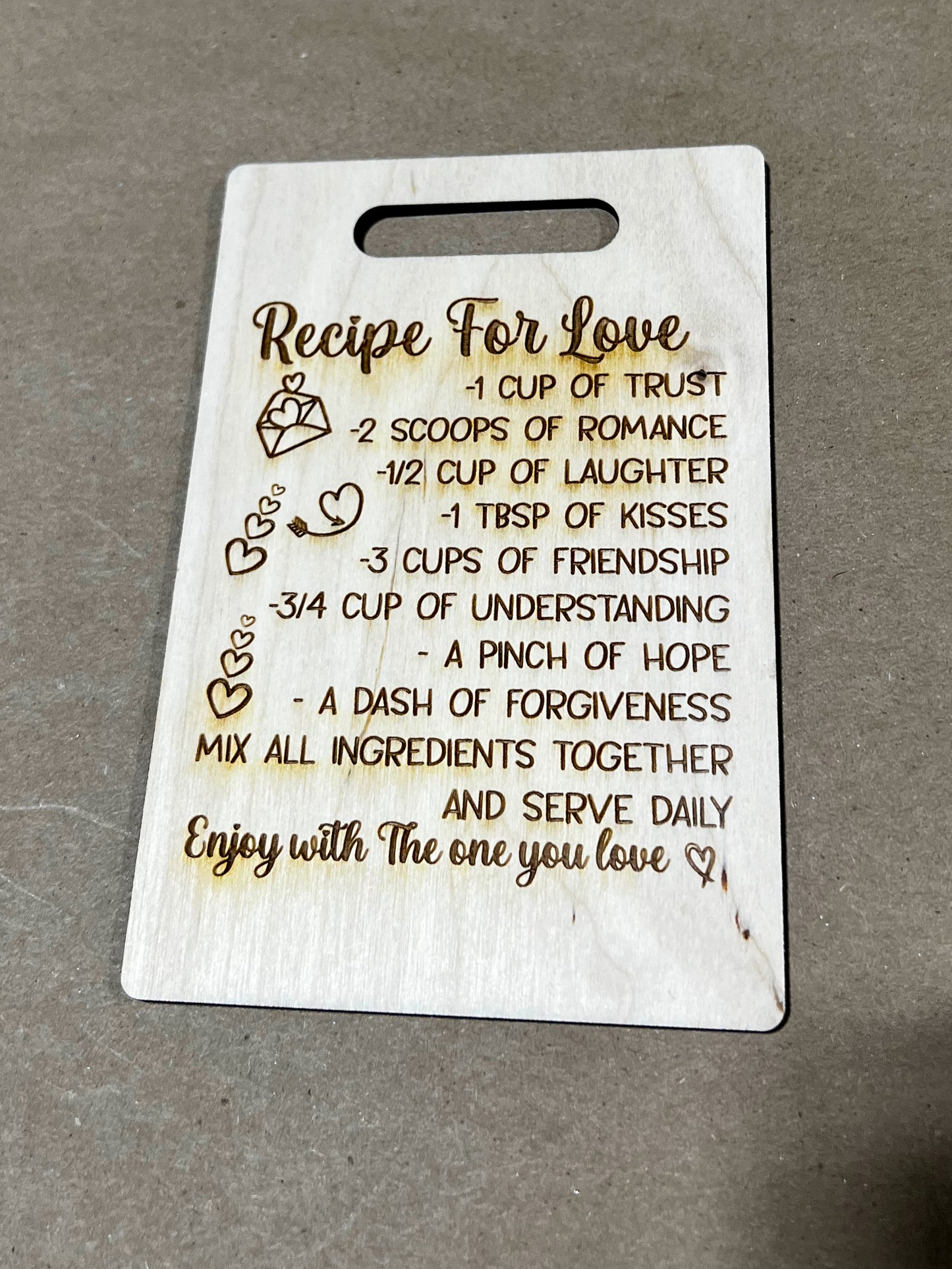 Laser-Engraved "Recipe for Love" Cutting Board Sign