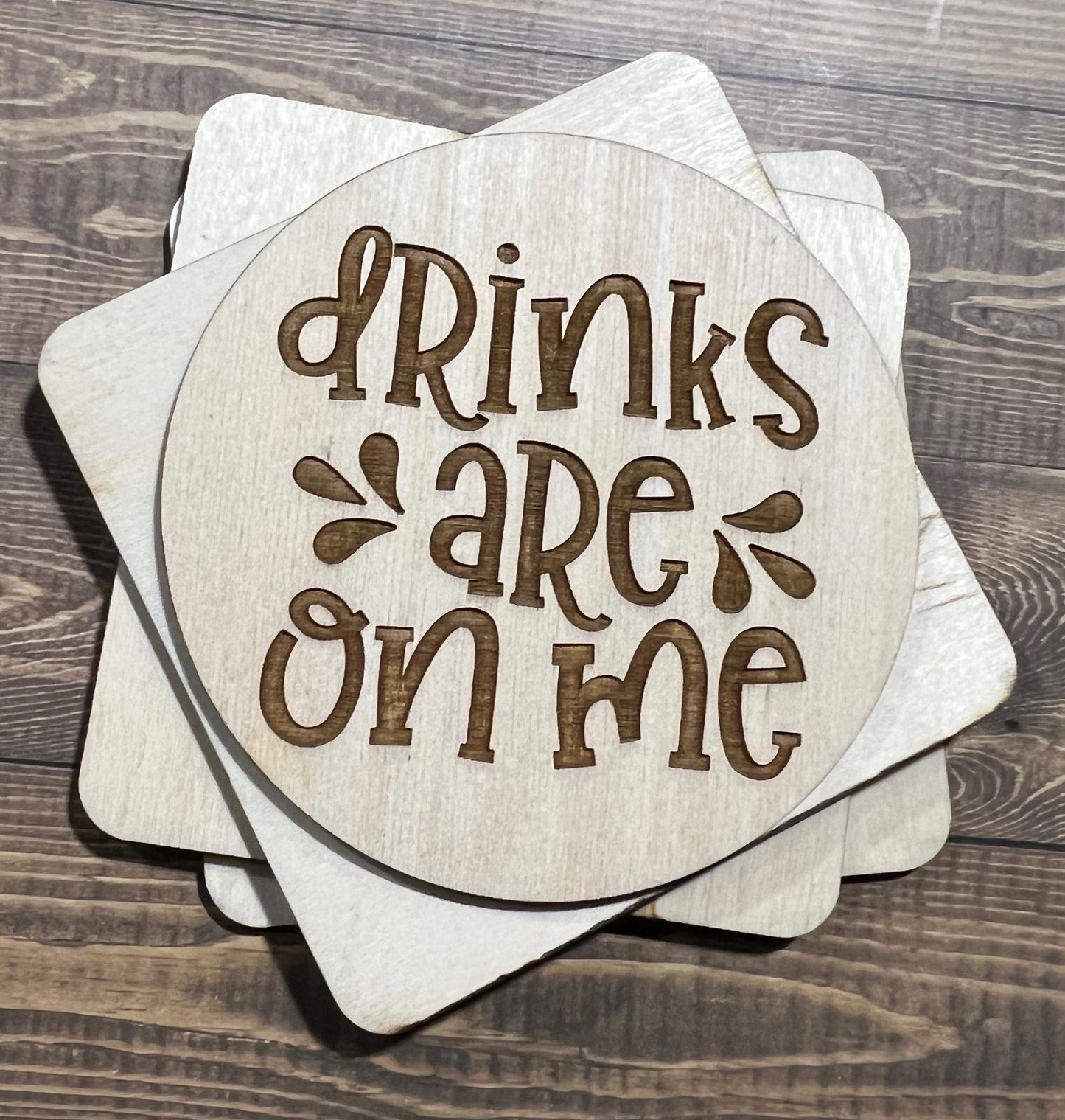 Drinks Are on Me Coaster, Engraved Wood Coaster Set, Home Decor, Baltic Birch, Coasters,