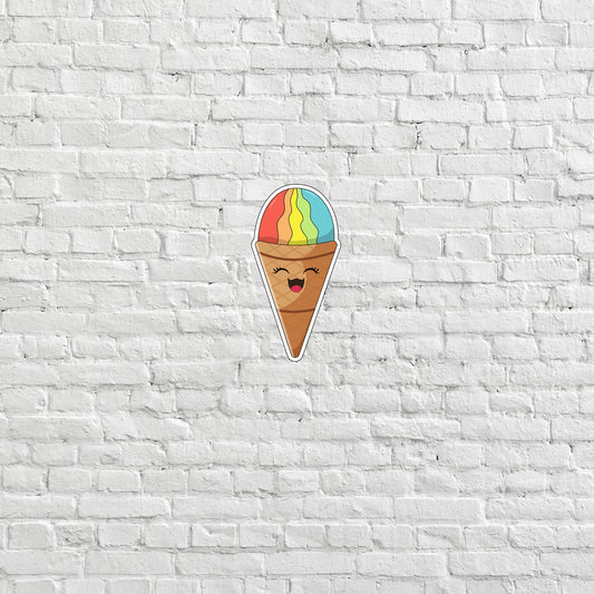 a sticker of a ice cream cone on a white brick wall