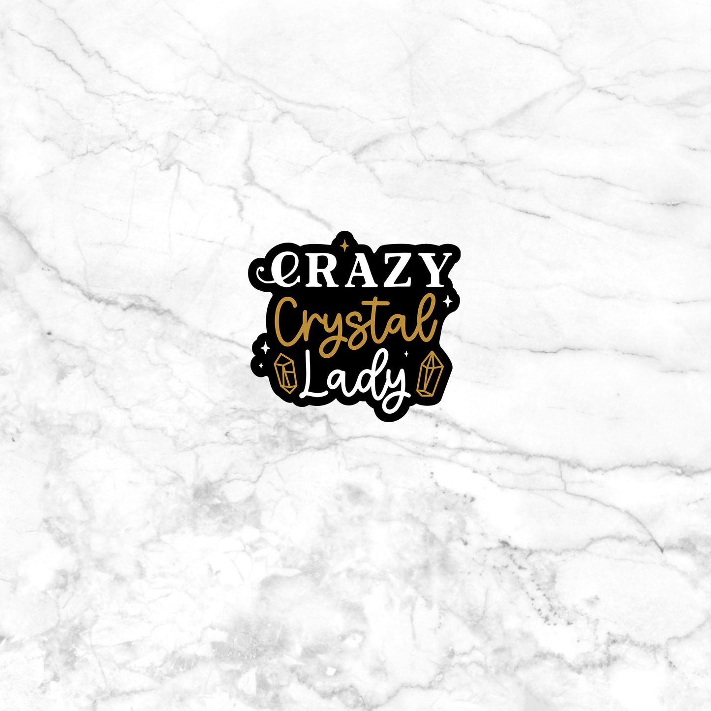 crazy crystal lady sticker on a white marble background