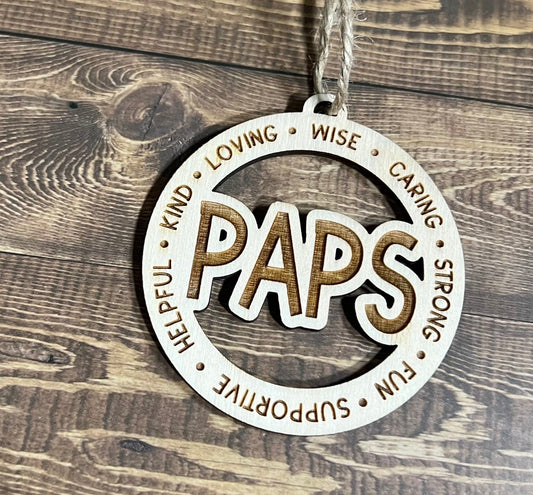 PAPS Ornaments, Personalized Ornament, Wooden Family Ornament , Laser Engraved Wood Ornament,Wooden Ornament